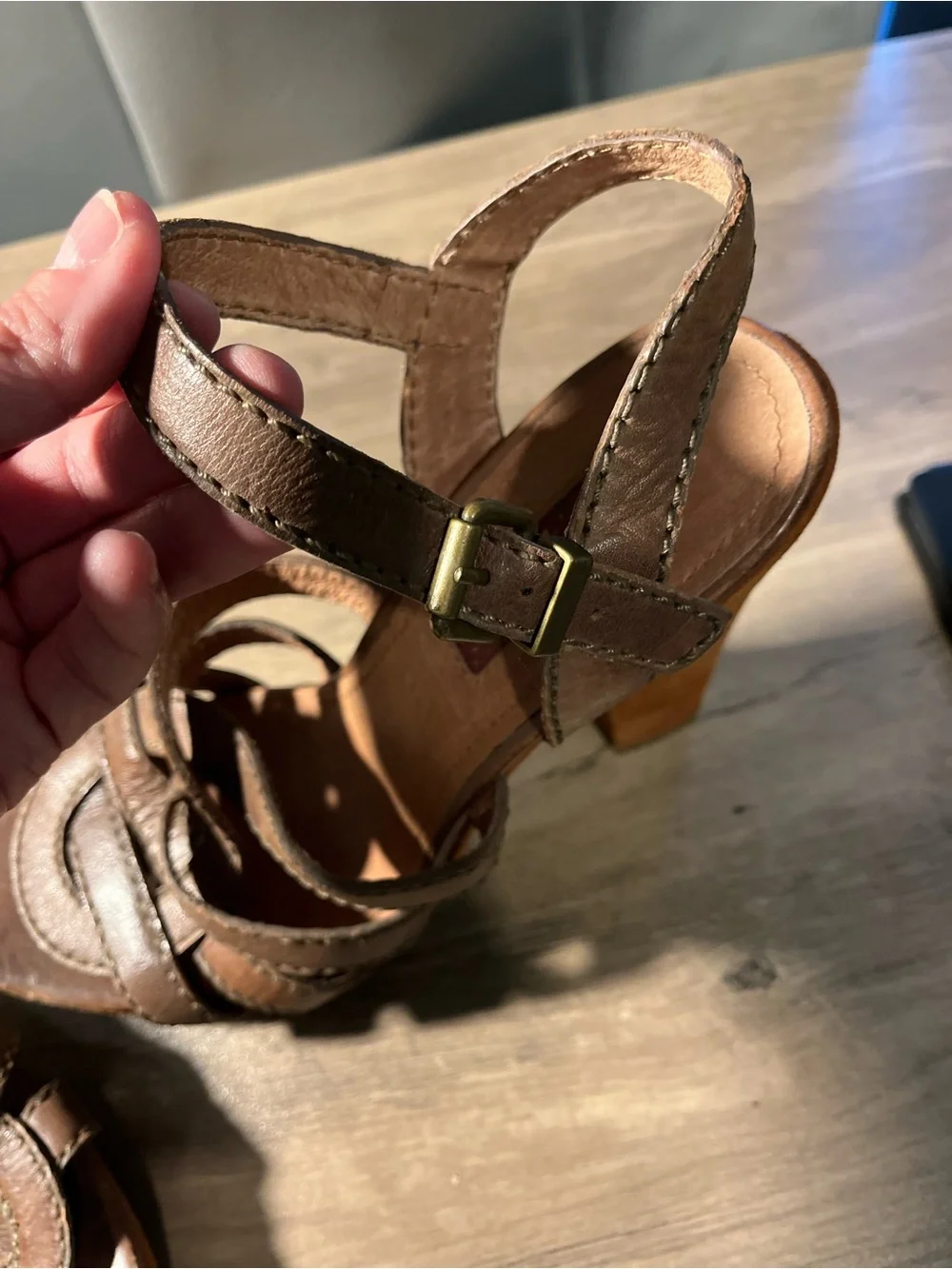 7 For All Mankind Brown Leather Strappy Platform Heels, size 8.5